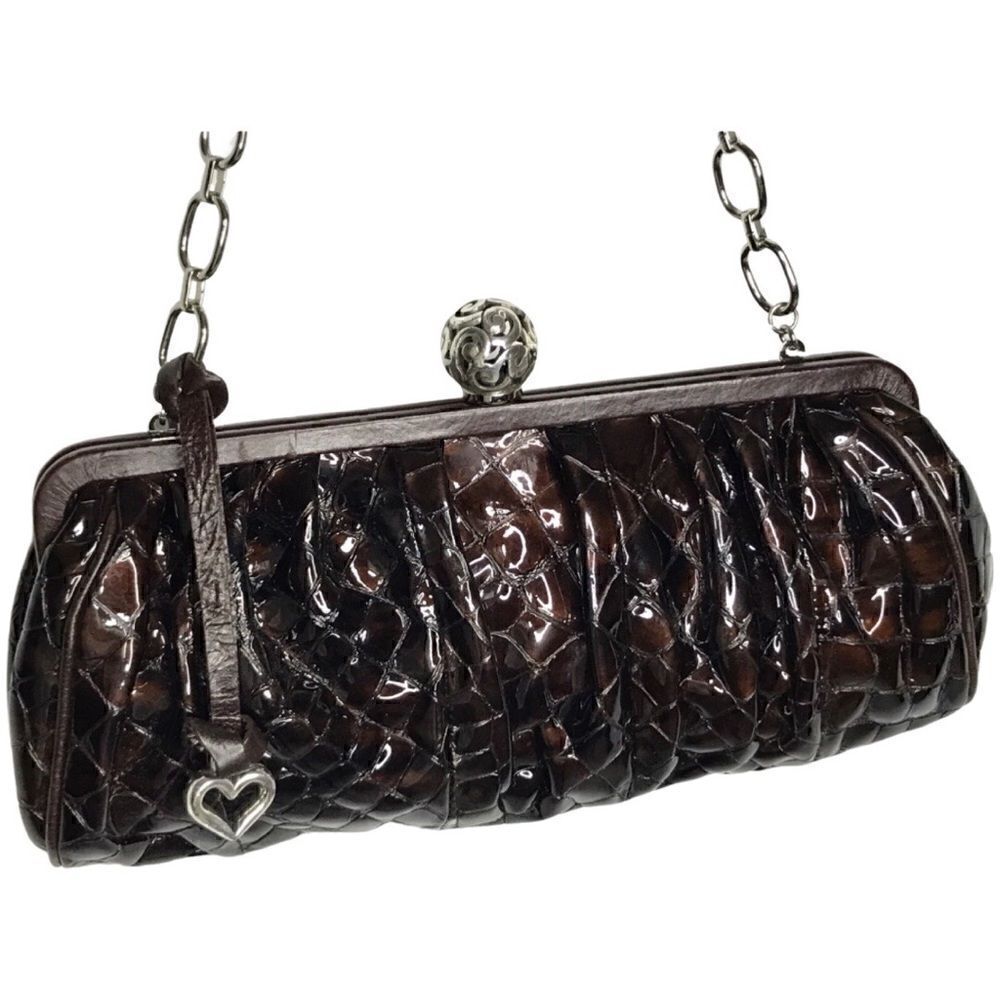Brighton Handbag / Clutch Chain Strap Brown Patent Leather with Leather Trim